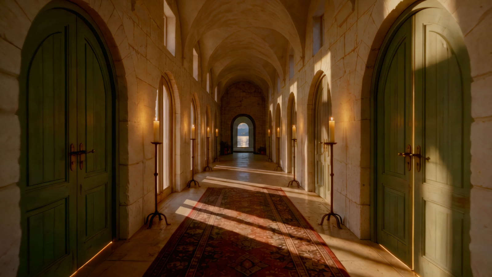 The candlelit corridor of the lake house at dusk