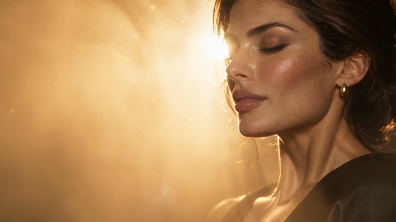She exhales in the gold light