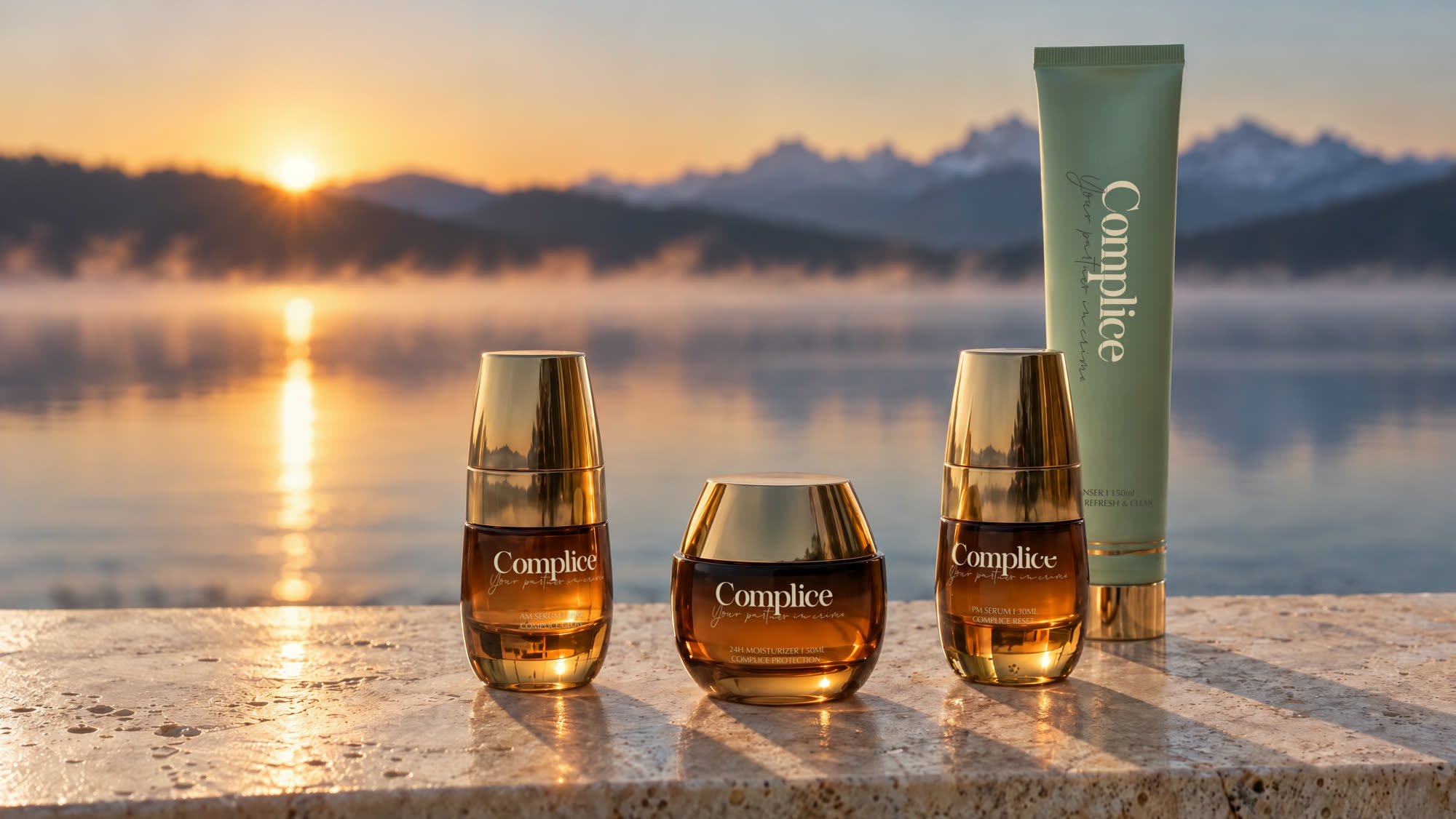 The Complice range on travertine at a Swiss lake at dawn