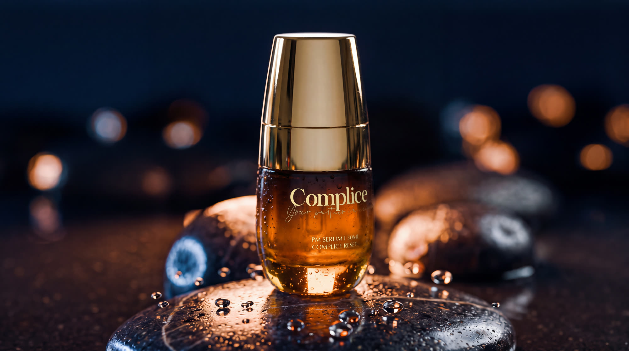 PM serum on wet stones at night