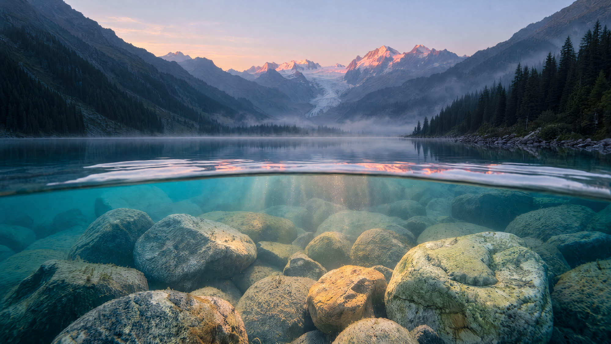 Alpine glacier above, glacial stones below the water