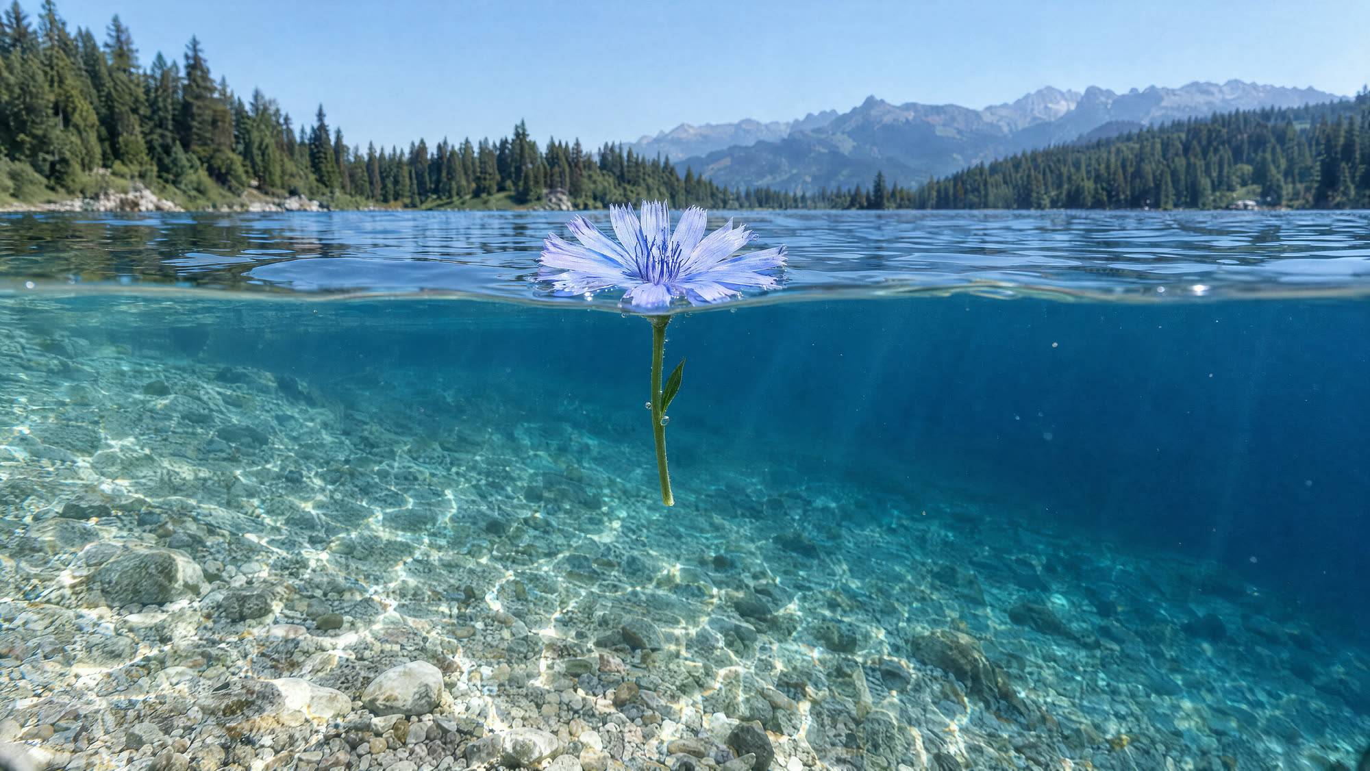 A chicory flower floating on clear lake water
