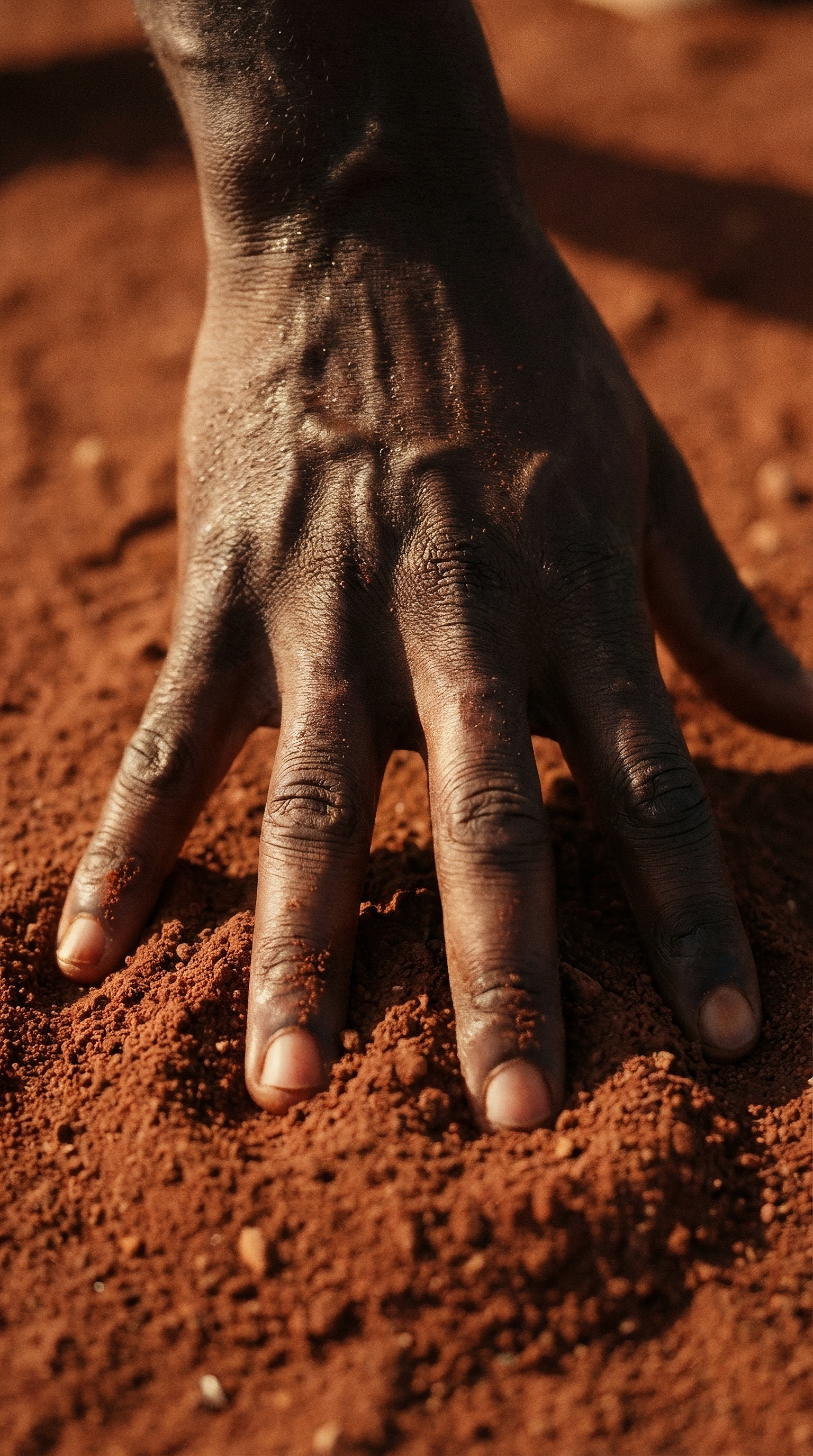 Close-up hand pressing into Mars dust