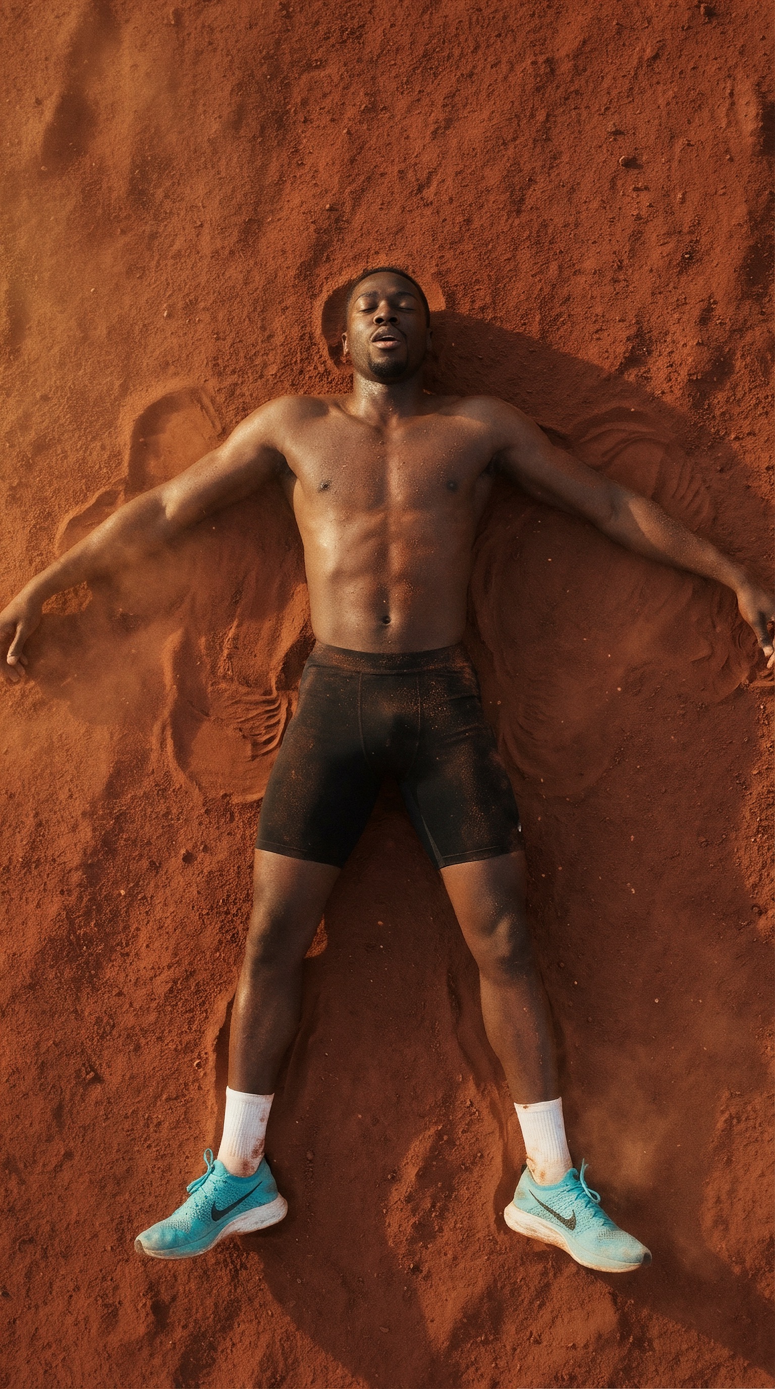 Athlete lying on Mars ground in surrender