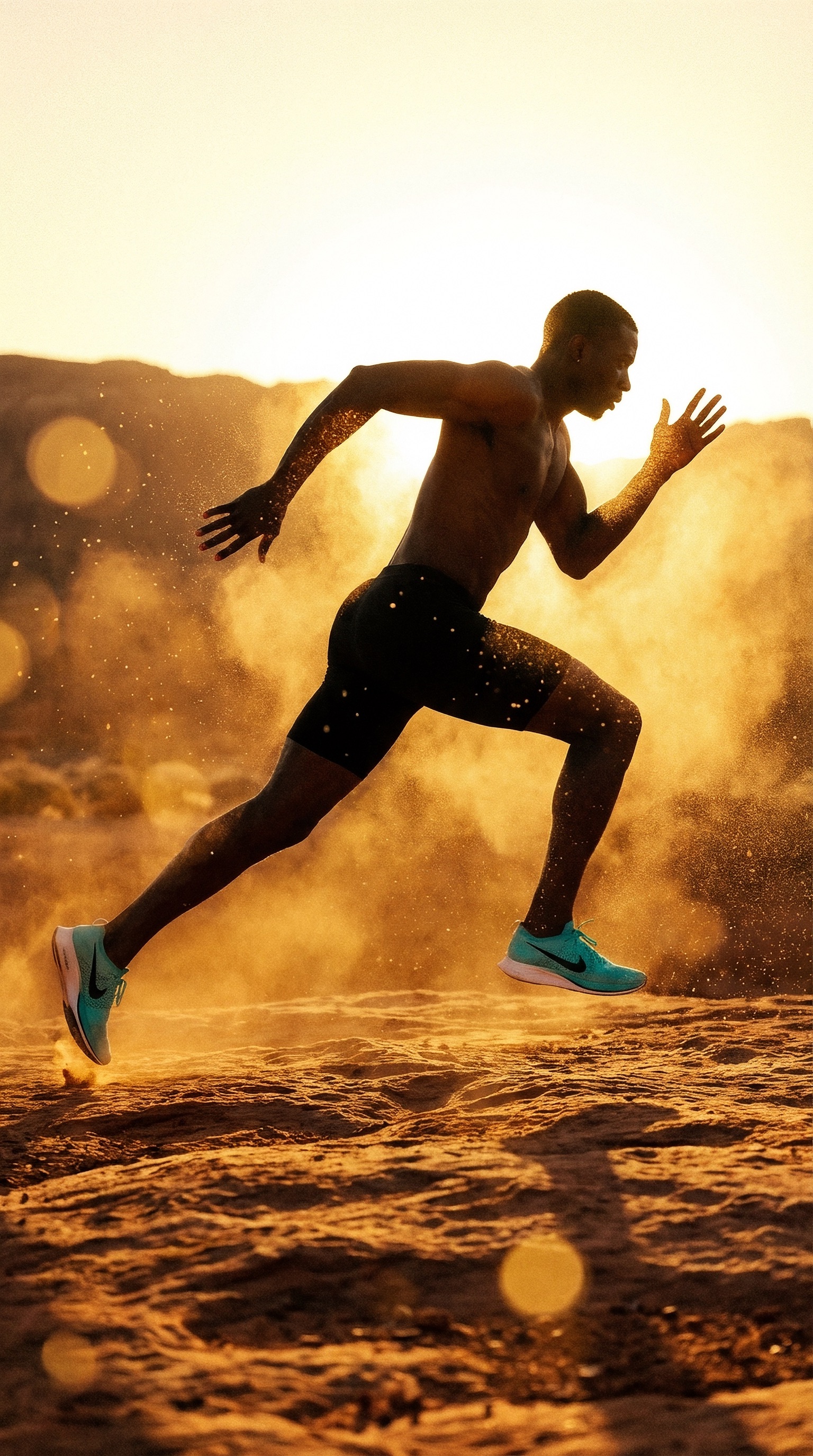 Athlete sprinting in dust cloud