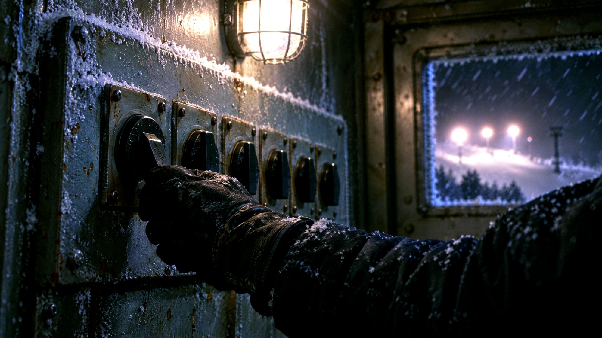 A gloved hand throwing the floodlight breaker