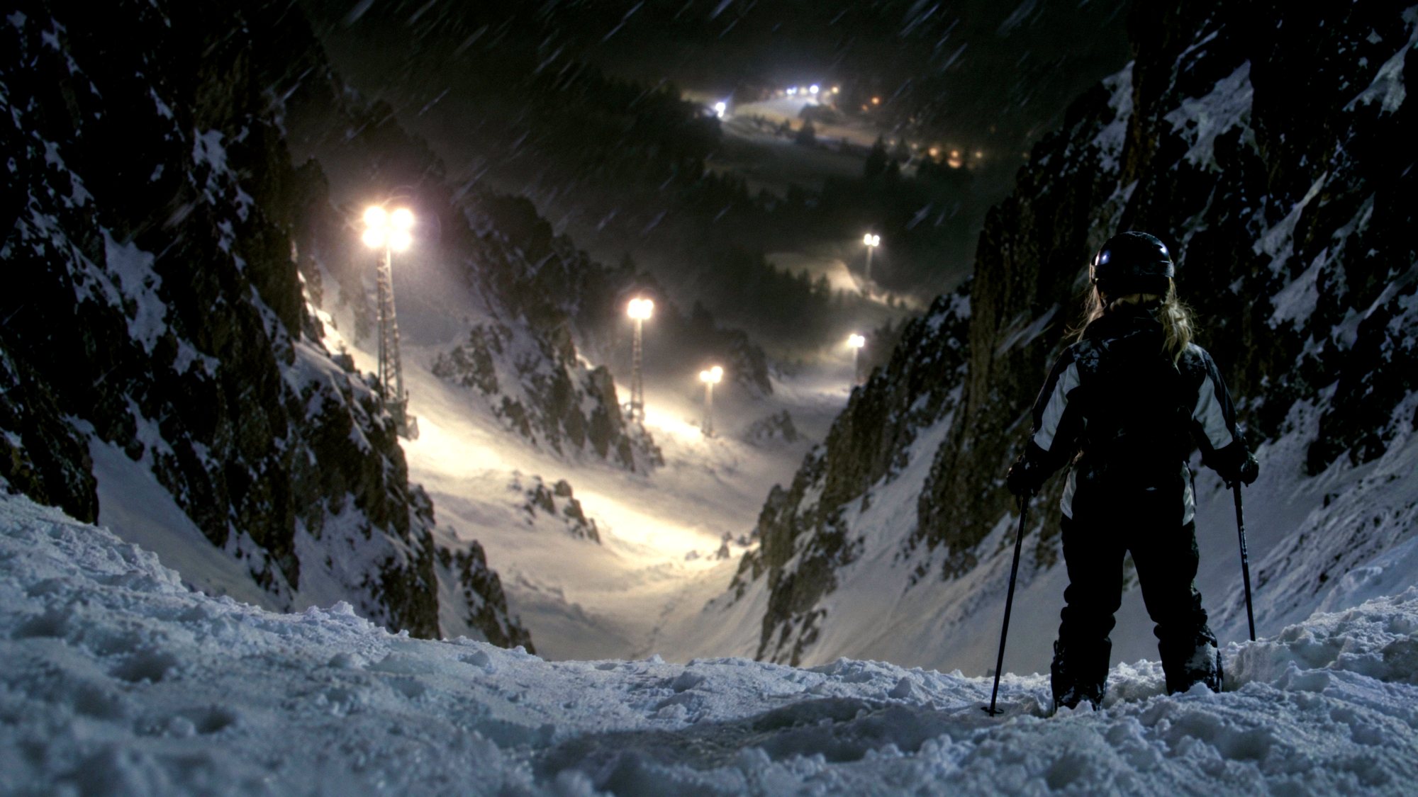 Margaux at the lip of the floodlit couloir