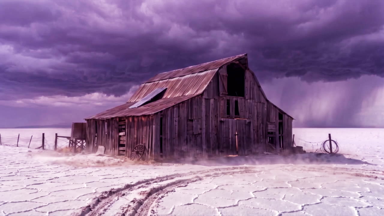 An old timber barn on a salt flat under a lilac storm