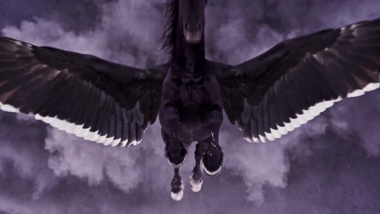 The winged horse bursting down out of the cloud base