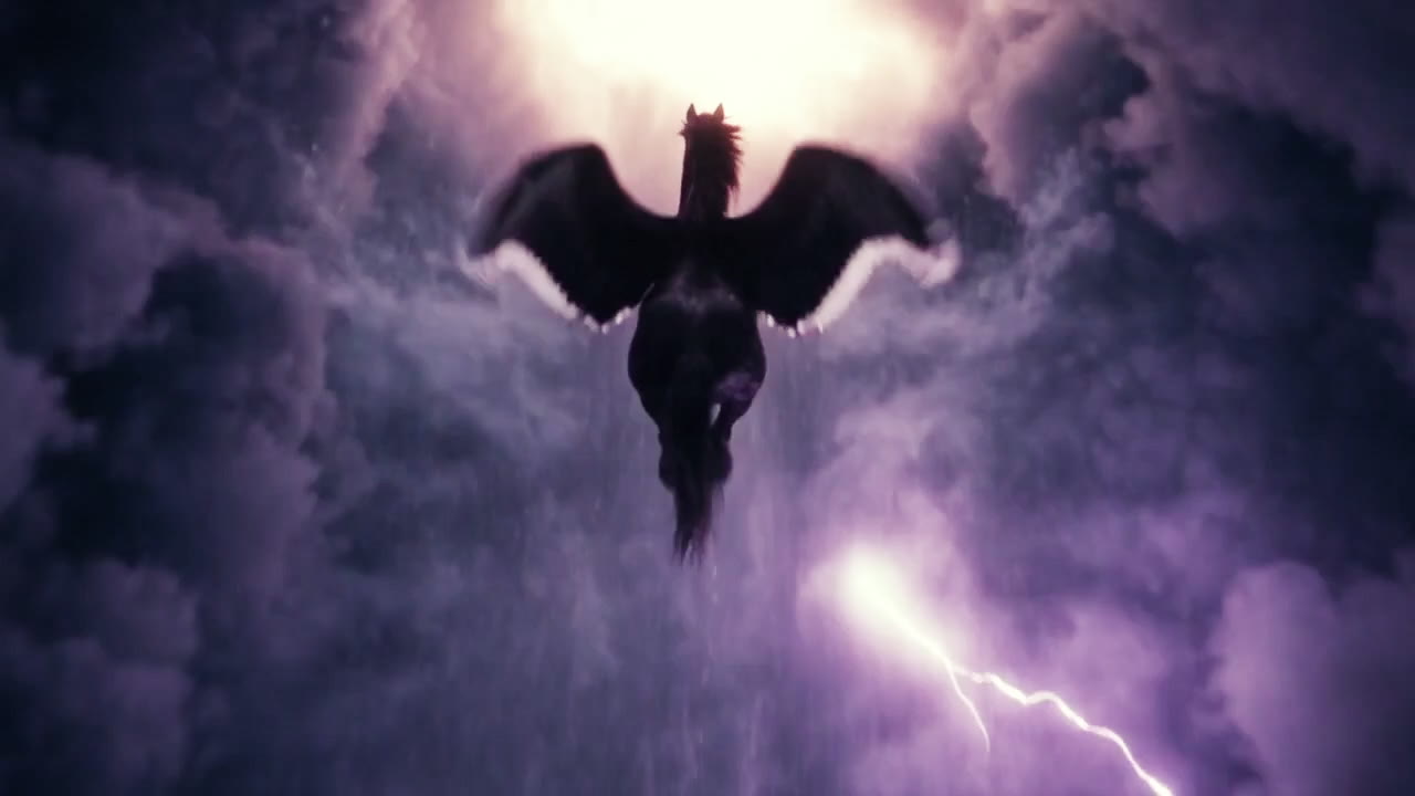 The horse climbing through a lightning-lit cloud