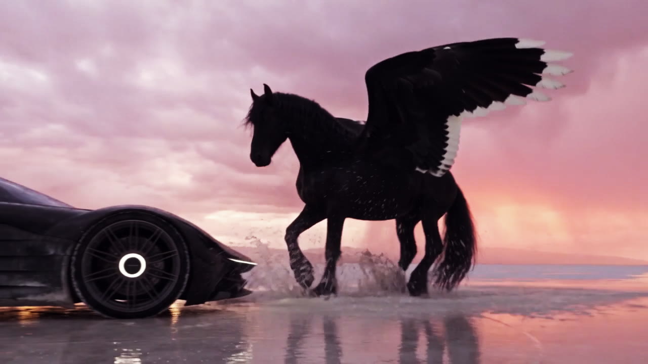 The horse landing beside the car on the mirror-wet salt at dawn