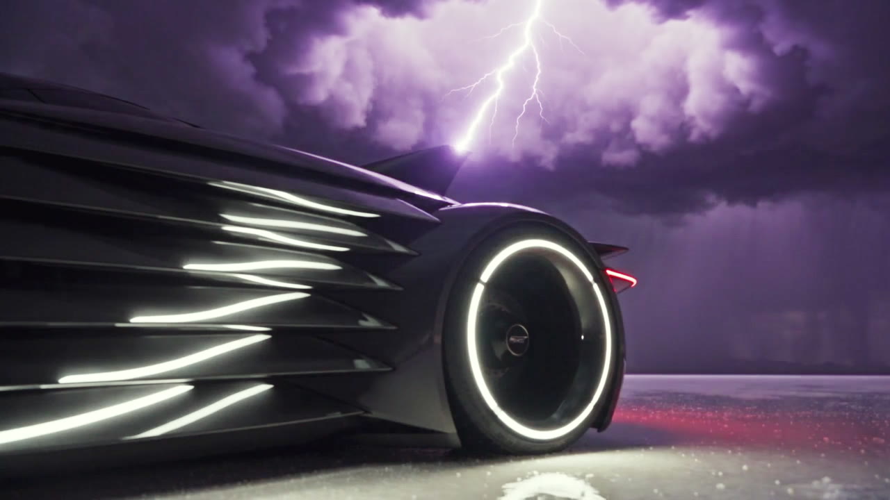 Lightning reaching down toward the car's fin