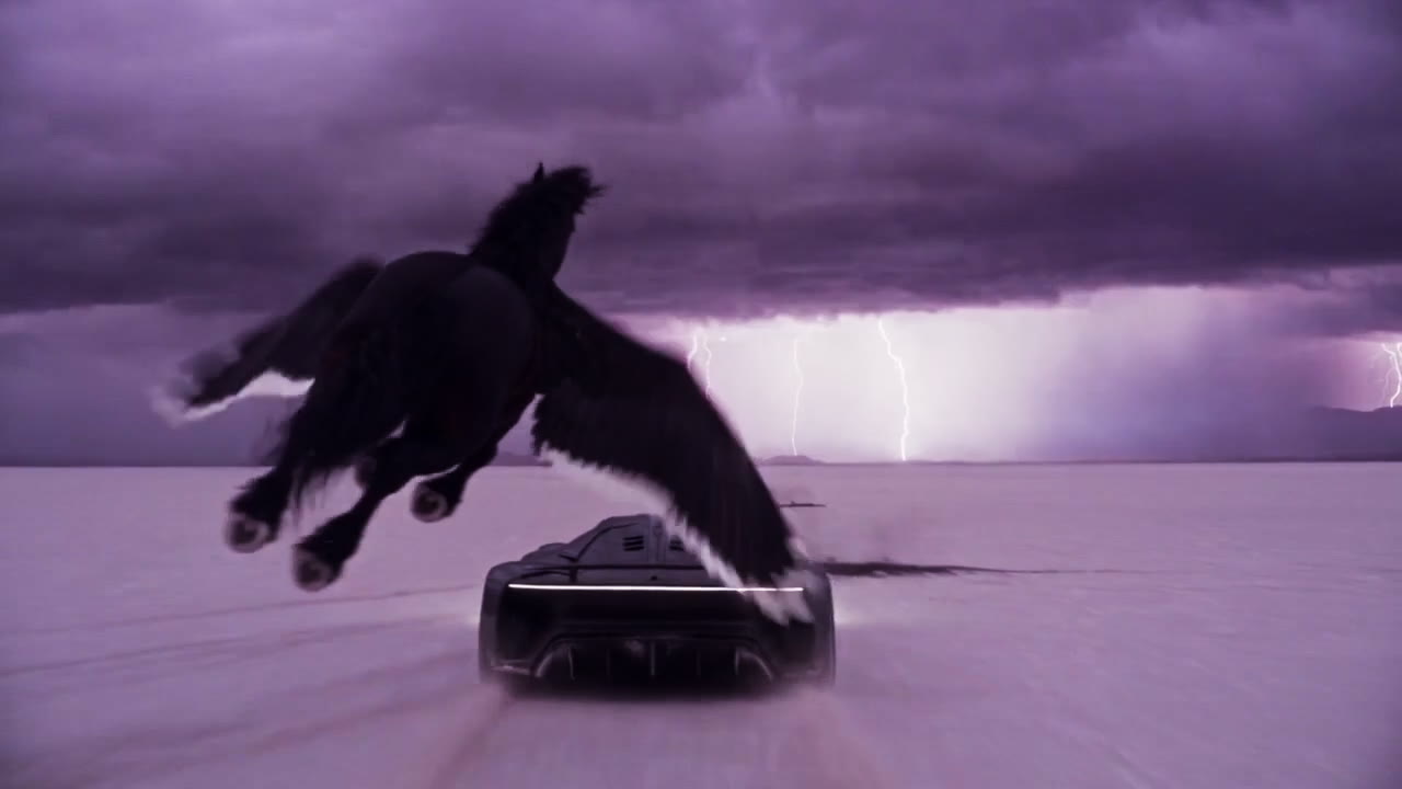 The horse flying low over the car toward the storm wall