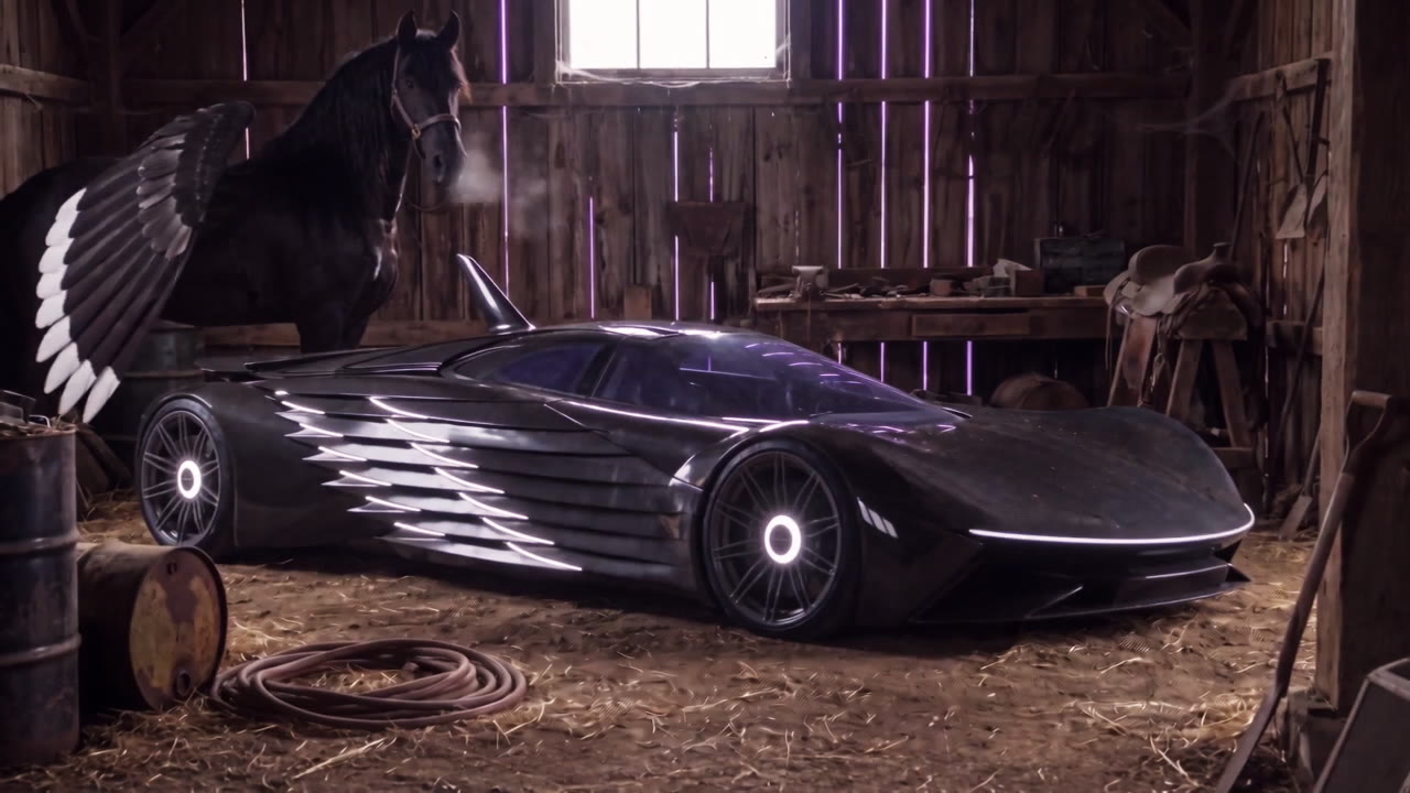 The winged horse above the uncovered black car in the barn