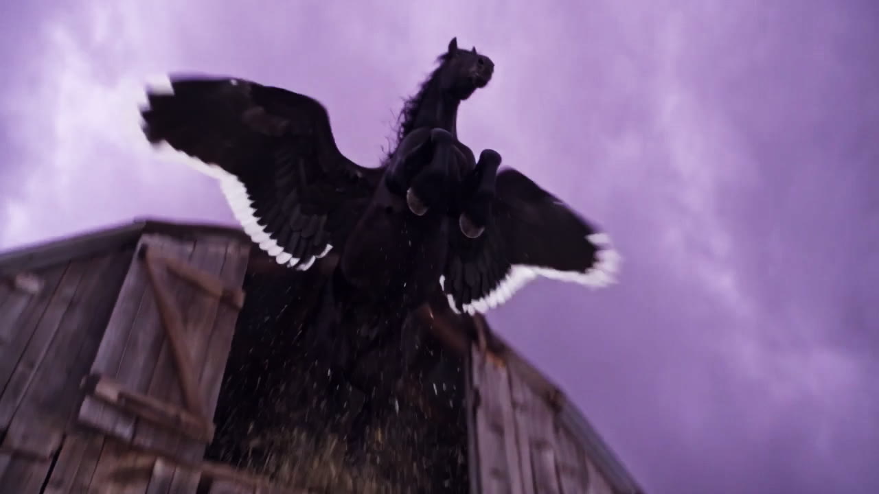 The horse bursting through the barn roof