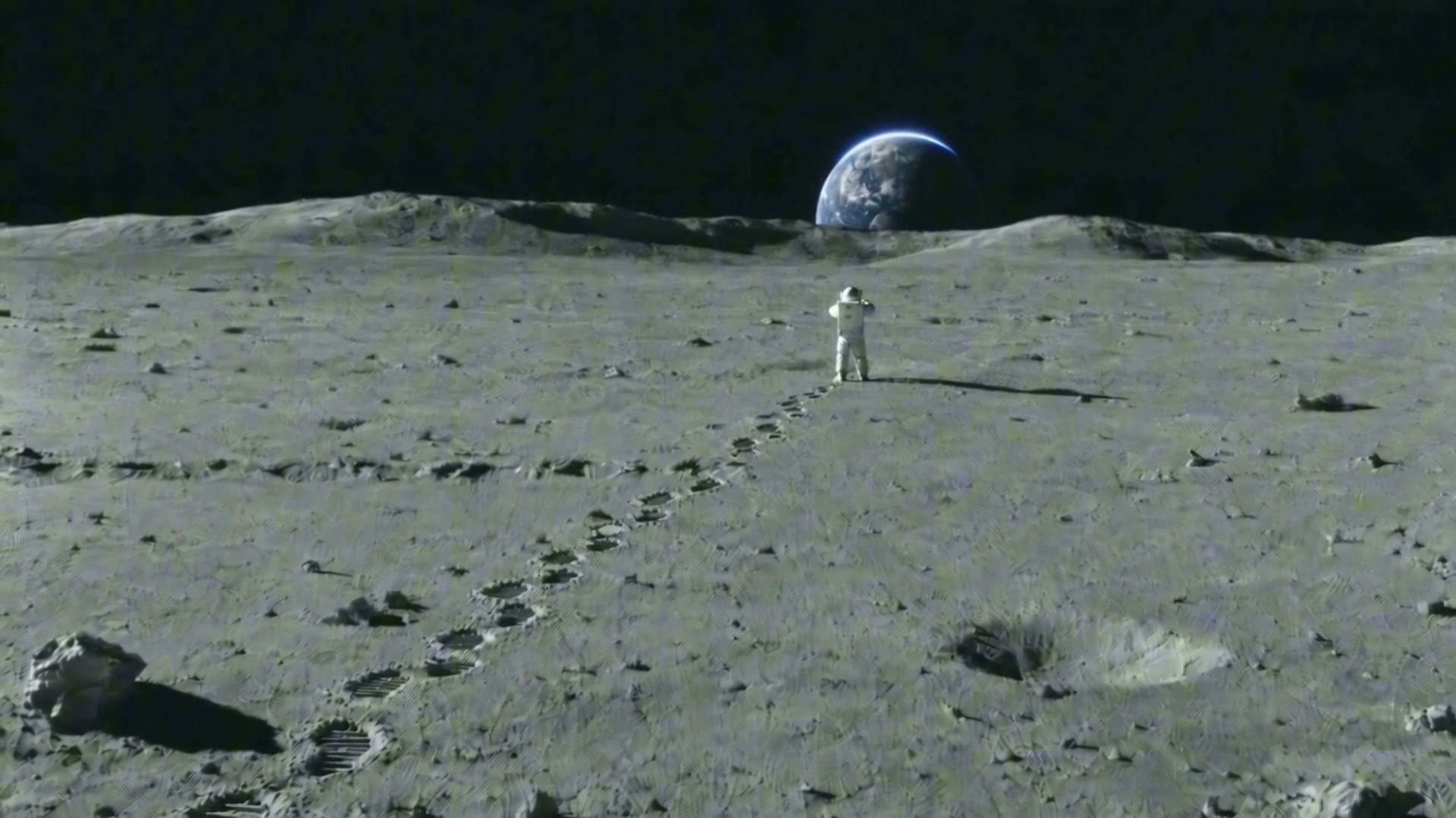 Earthrise over the lunar horizon, a lone astronaut and her footprints