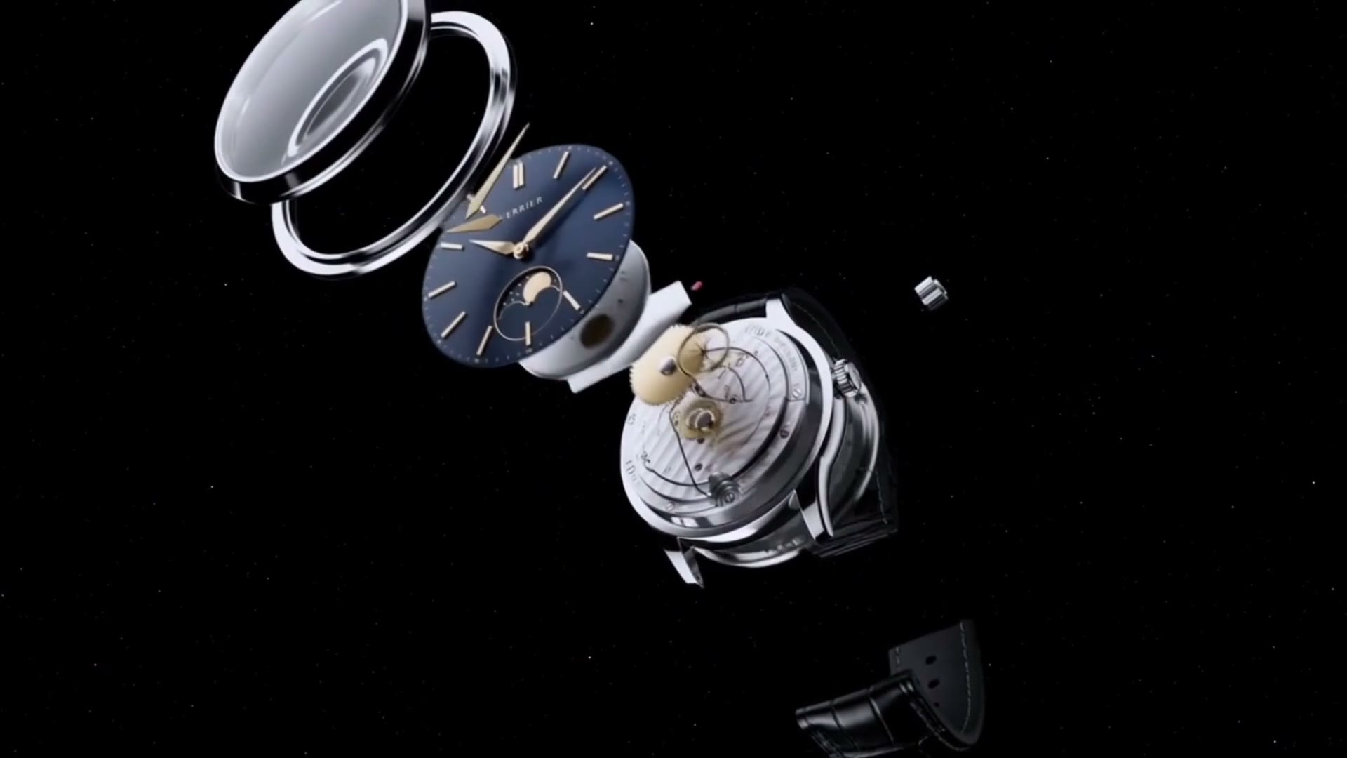 The VERRIER watch opening into its parts