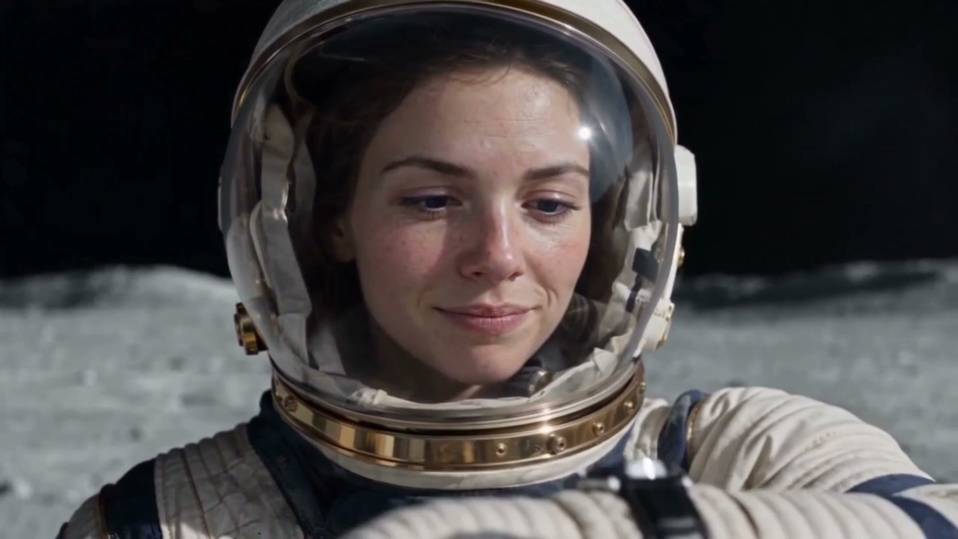 His daughter on the moon, smiling inside her helmet