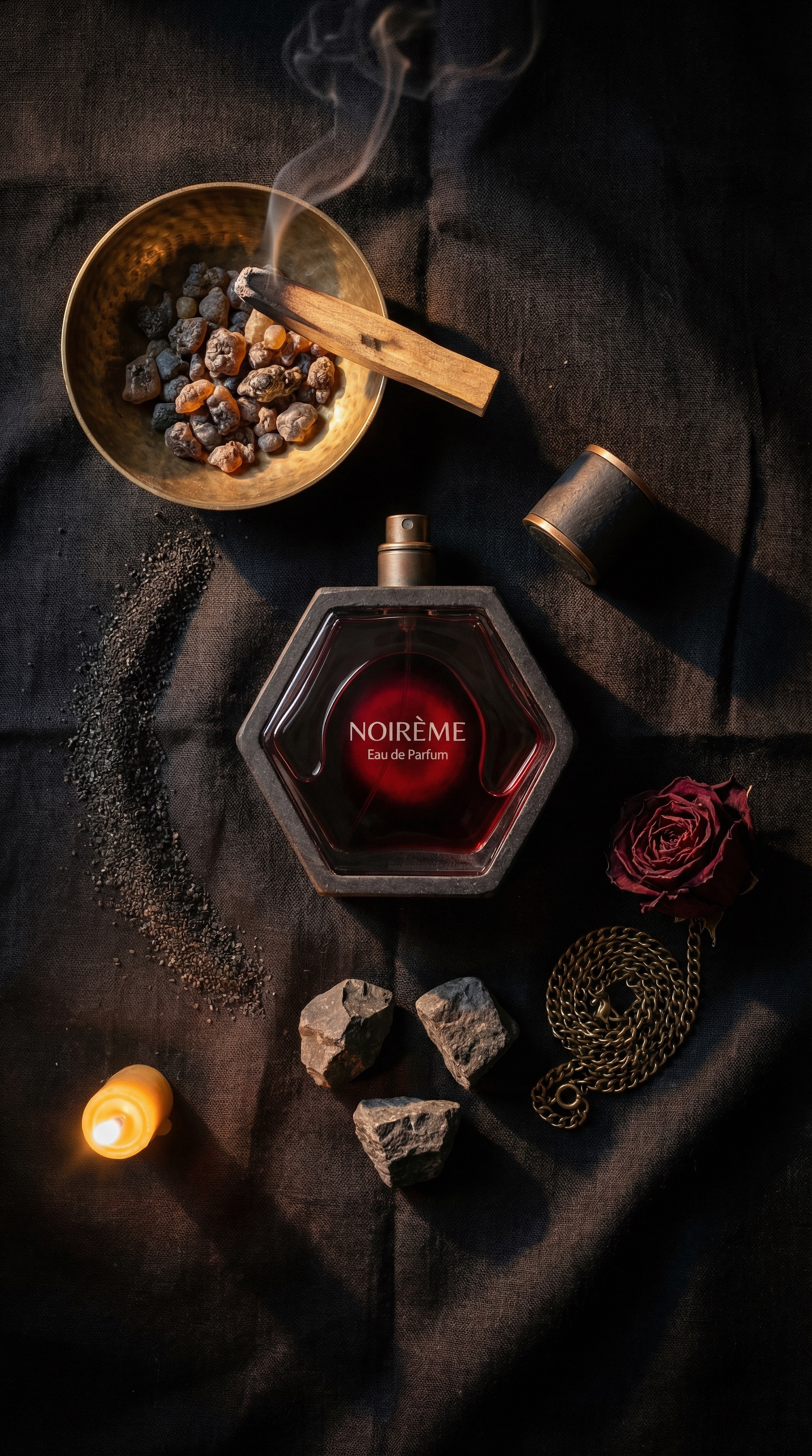 Noir&egrave;me — The Altar: overhead altar with incense, rose, chain, and stones