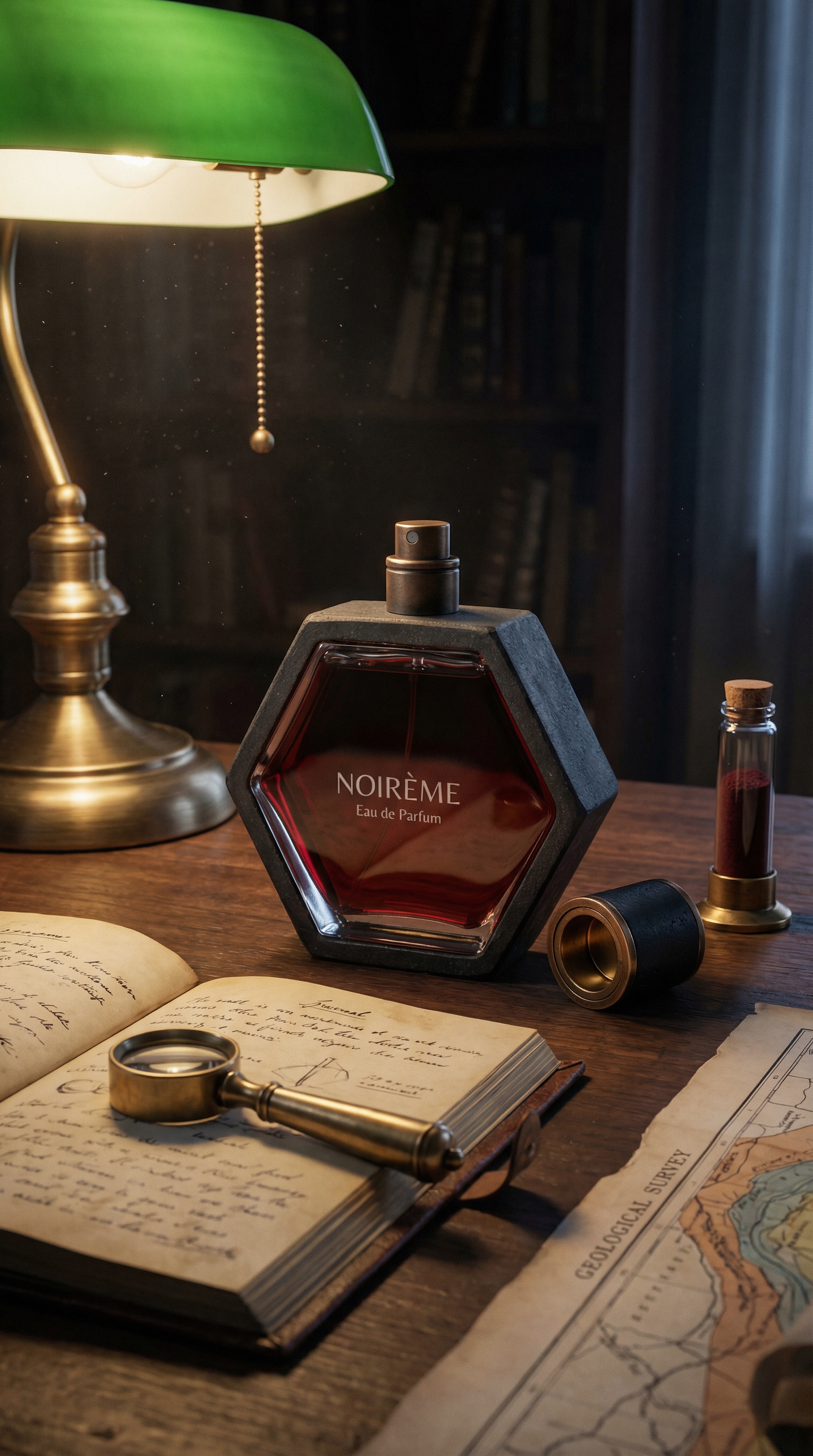 Noir&egrave;me — The Study: explorer's desk with green lamp, journal, and map