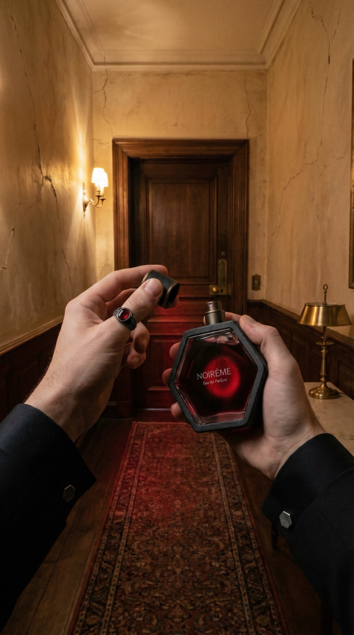 Noir&egrave;me — bottle held in elegant European hallway