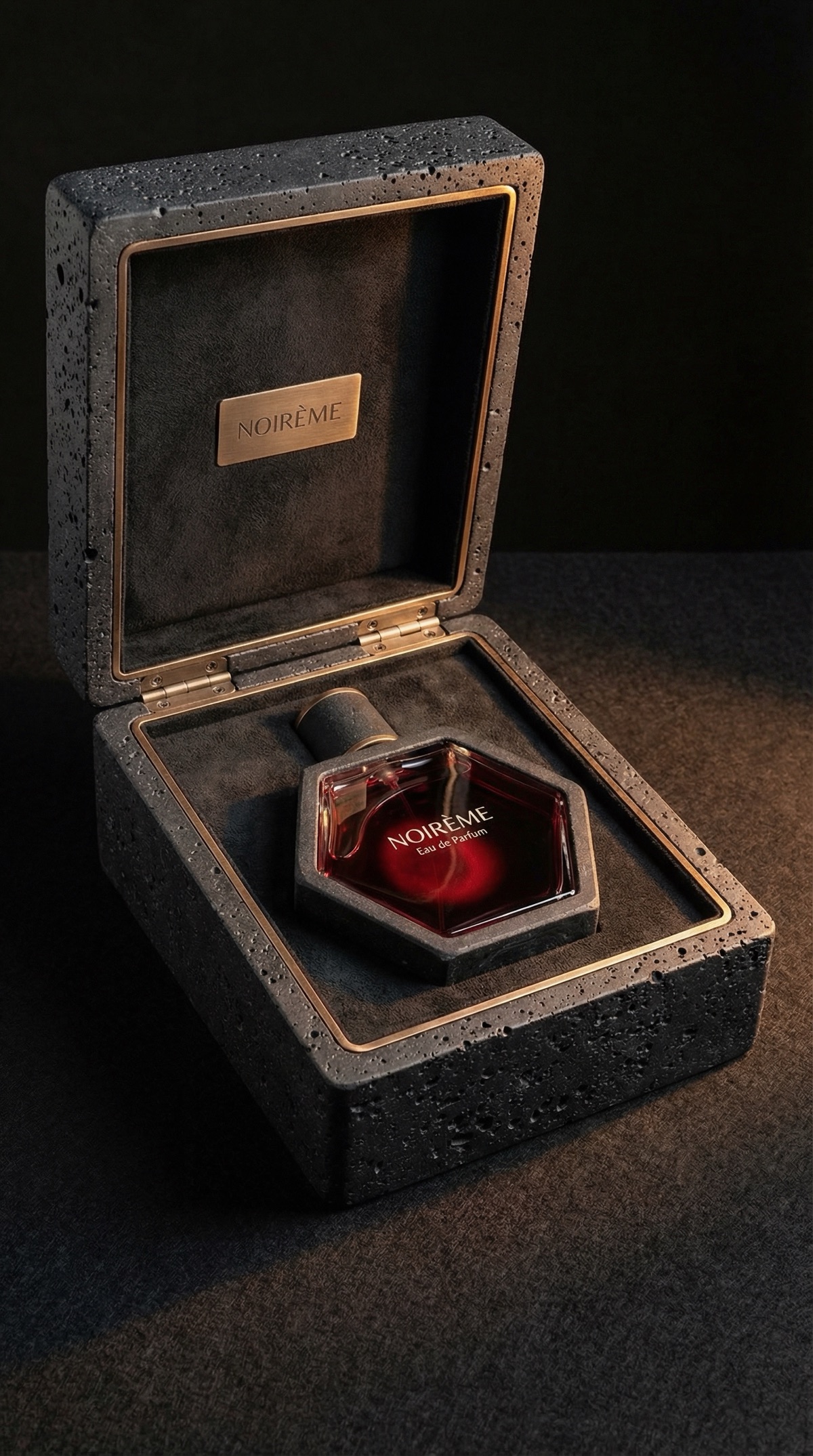 Noir&egrave;me — open presentation case with bottle and gold plaque